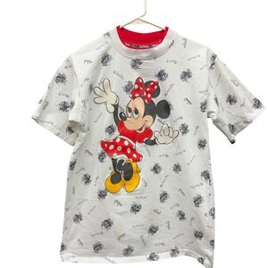 Disney Minnie Mouse Ringer Tee Womens L/XL White Red Vintage All Over Print FAIR